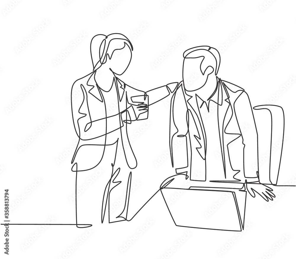 One continuous line drawing of young male and female employees engage in exciting conversations during office breaks. Rest break at work concept single line draw design vector graphic illustration