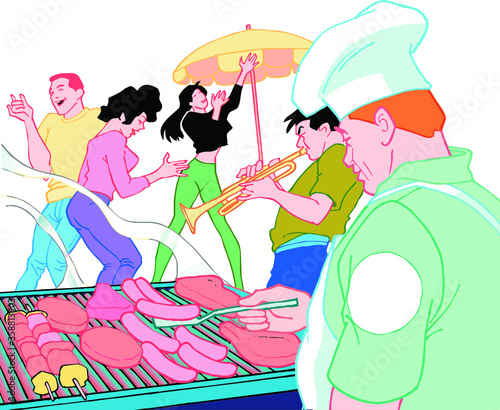 Man cooks meat at the barbecue during a party with people dancing and playing