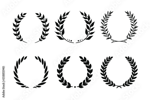 Collection of black round laurel, olive and leaf wreaths for manuscripts, awards, logo, emblem, achievements and reviews. Isolated vector illustrations set on white background. Laurel wreath icons set