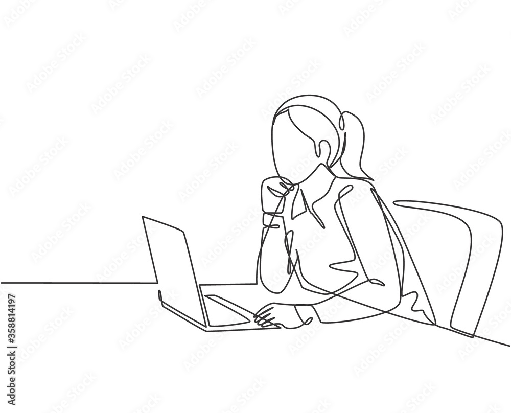 One single line drawing of young female employee sitting in front of