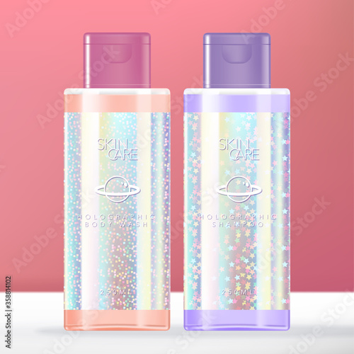 Vector Trendy Glitter Holographic Beauty or Toiletries Clear Bottle Packaging.