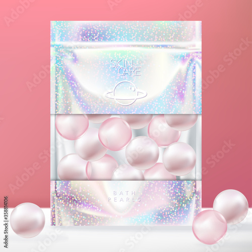 Vector Trendy Glitter Holographic Zip Lock Sachet, Pouch  or Packet Packaging with Clear Window. Pink Bath Pearl.