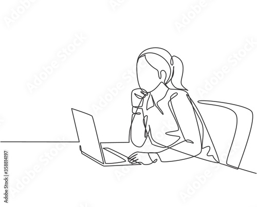 One single line drawing of young female employee sitting in front of the laptop and thinking business solution at the office. Business idea concept continuous line draw design vector illustration