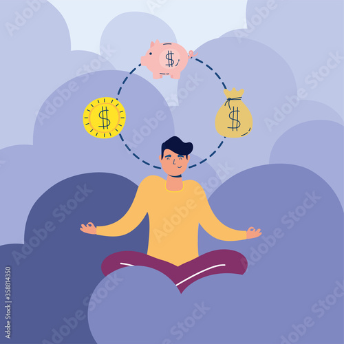 elegant business man with lotus position with money icons