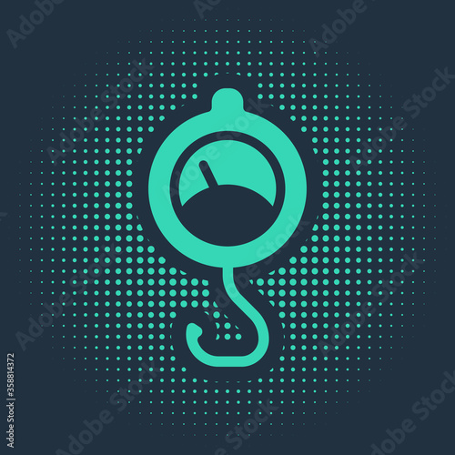 Green Spring scale icon isolated on blue background. Balance for weighing. Determination of weight. Abstract circle random dots. Vector
