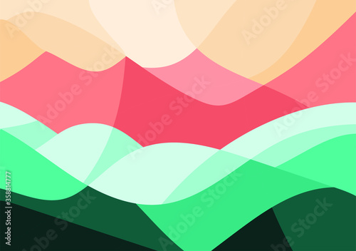 Geometric Mountain and Sunset Background  translucent waves, sea, abstract glass shapes, modern background, Trendy vector Illustration for Wallpaper, Banner, website , Card, Book Illustration, landing