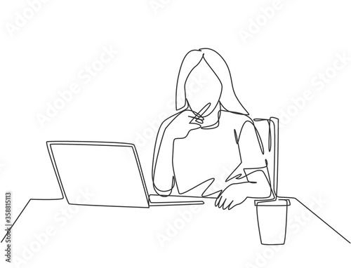 One continuous line drawing of young female employee sitting on her chair and thinking solution for her unfinished work. Think smart concept. Trendy single line draw design vector graphic illustration