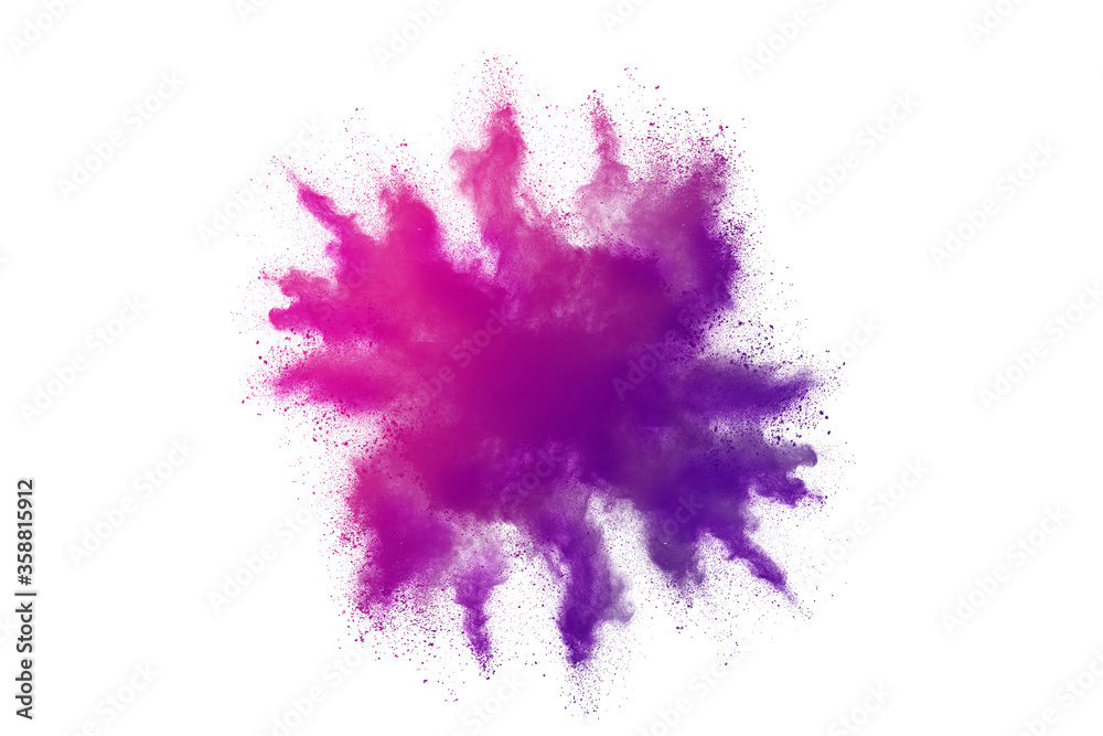 Obraz Purple powder explosion on white background.