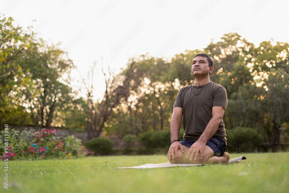 Mid-aged Man doing yoga in a park covered with trees on International Yoga Day.