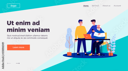 Two young and one senior men watching movie. Guys explaining to granddad how to use laptop flat vector illustration. Technology and entertainment concept for banner, website design or landing web page