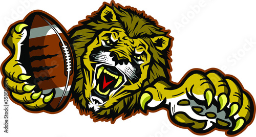 lions football team mascot holding ball in claw for school, college or league