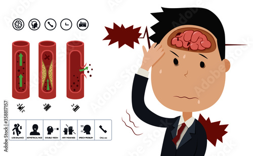 stress working man got brain bleeding, cerebrovascular accident cartoon character design