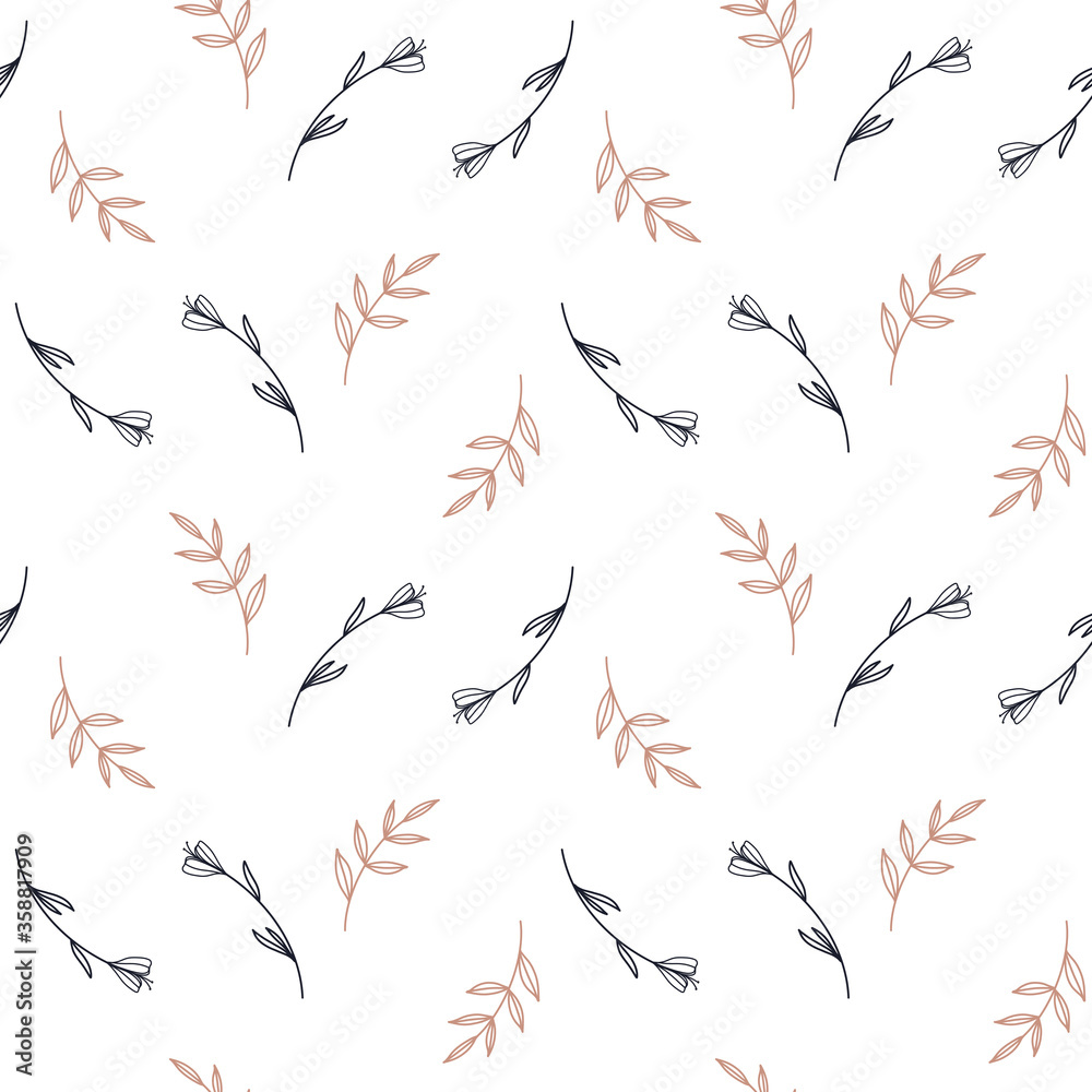 Fototapeta premium Cute with twigs and flowers square pattern on a white background. Doodle digital art line. Print for cards, wrapping paper, packaging, invitation, wedding