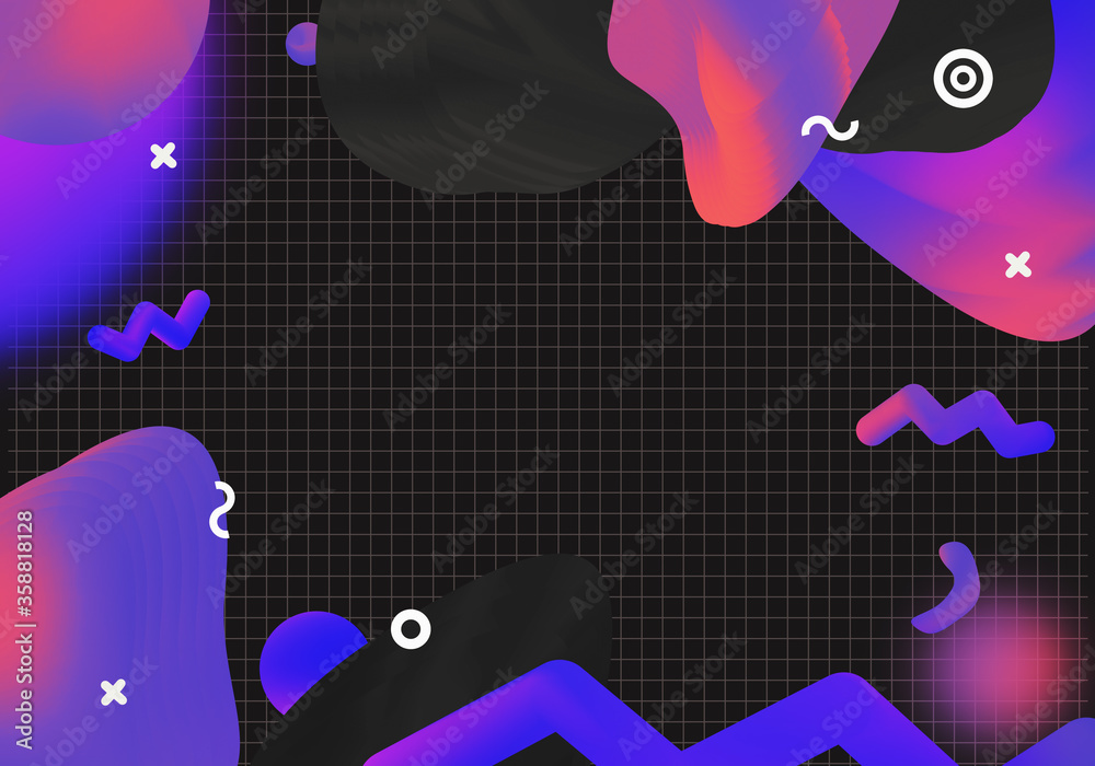 Suprematic creative poster mockup with liquid primitive amorphous shapes and mesh. Holographic synthwave frame border for flyer, brochure, invitation, card. Suprematic creative poster mockup with liquid primitive amorphous shapes and mesh. Holographic synthwave frame border for flyer, brochure, invitation, card.