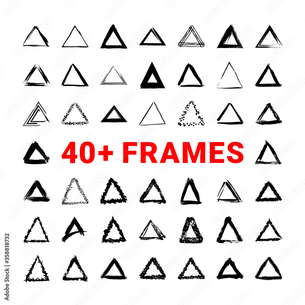 Collection of textured triangular frames isolated on white background. Set of black templates with splashes and spray in form square and rectangle in a dirty and freehand style.
