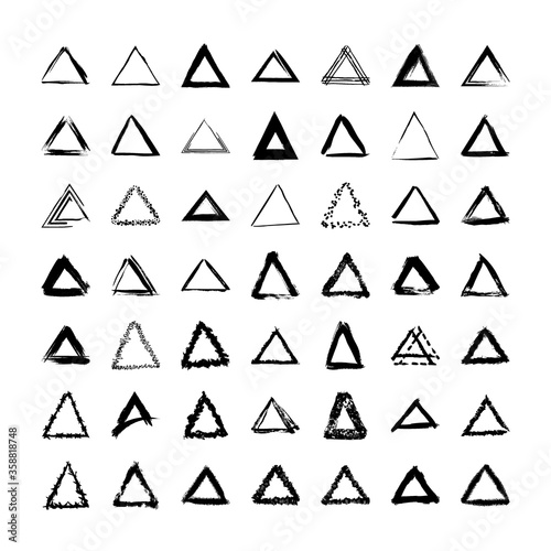 Collection of textured triangular frames isolated on white background. Set of black templates with splashes and spray in form square and rectangle in a dirty and freehand style.
