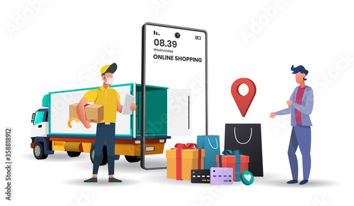 Online delivery service concept with Truck delivery, online order tracking, delivery home and office.3d vector illustration.