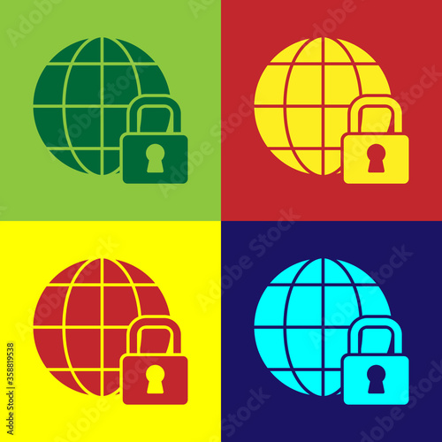 Pop art Global lockdown - locked globe icon isolated on color background.  Vector