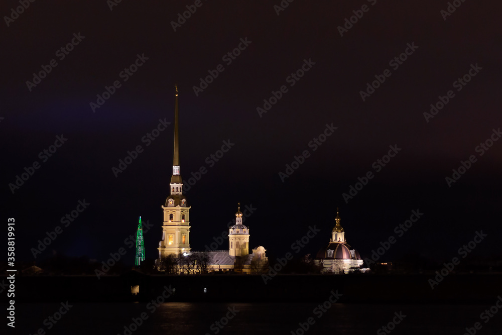 Night view of the Peter and Paul fortress in Saint-Petersburg city, Russia