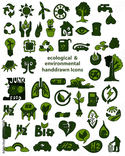 environmental icons set: ecological green handdrawn doodle symbols of: sun, recycling, energy, nature, elements, water, recycle bin, flowers, plants, biological, bio, eco, lungs, e-car
