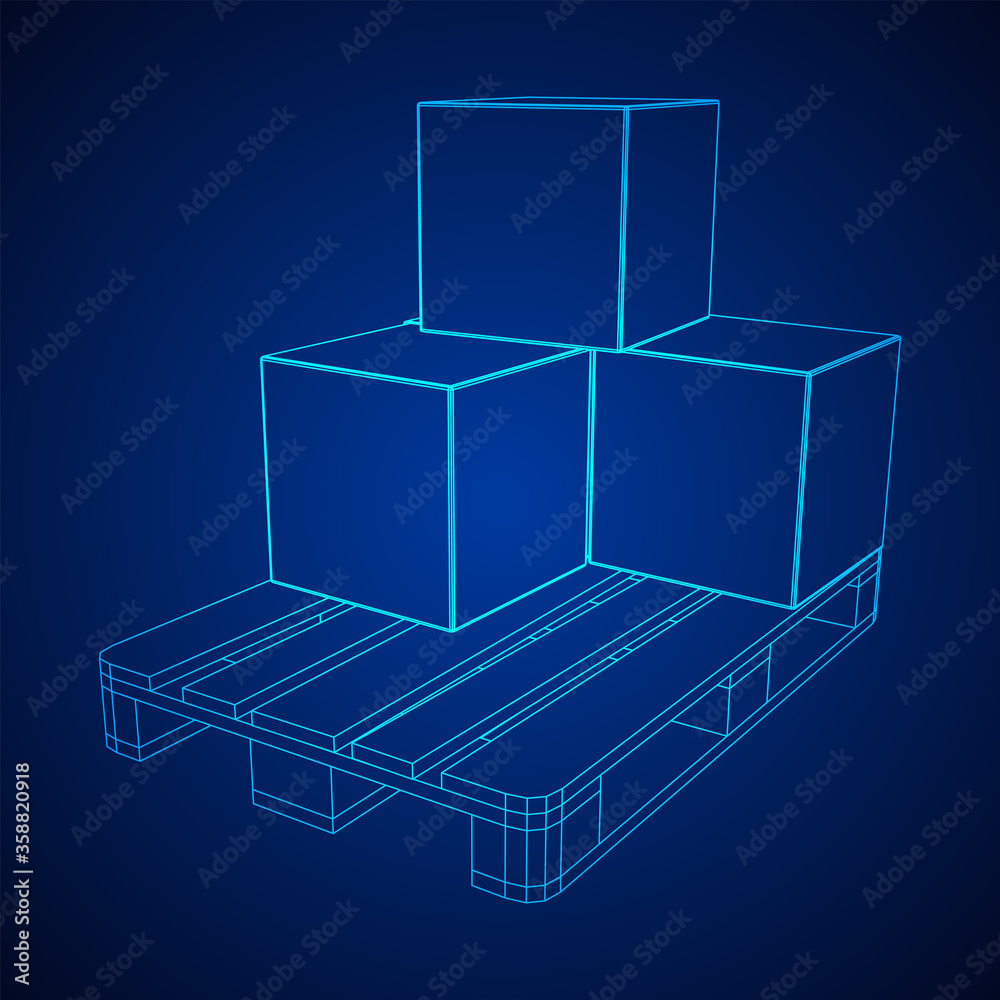 Obraz premium Cargo pallet for warehouse with stacked goods cardboard boxes. Logistics shipping concept. Wireframe low poly mesh vector illustration.