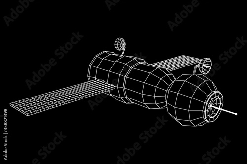 Space station communications satellite. Wireframe low poly mesh vector illustration.