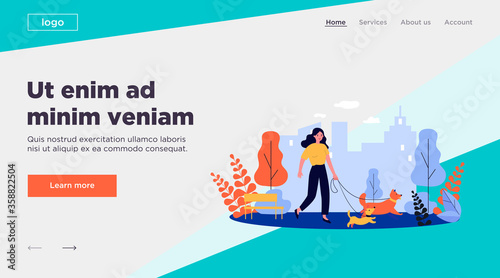 Happy woman walking dogs on leashes in city park. Vector illustration for pets, animal care, activity, leisure, friendship concept