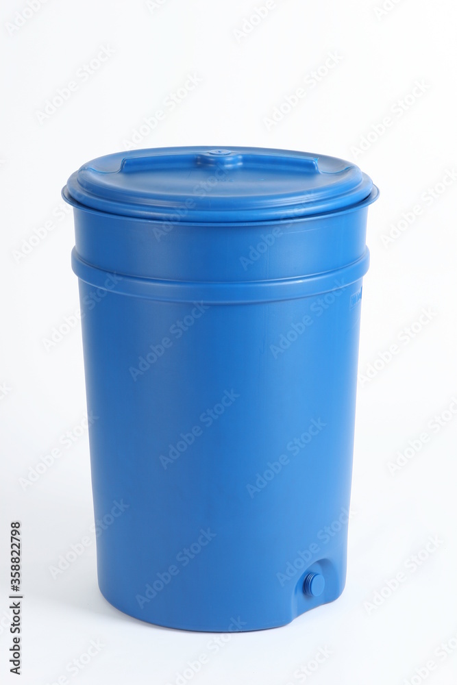 Plastic blue barrel with a large lid, container, for liquids, on a white background Plastic blue barrel with a large lid, container, for liquids, on a white background