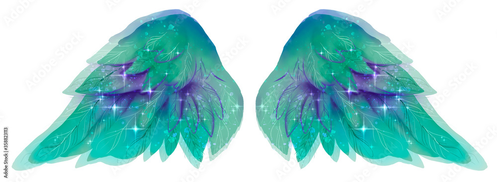 Obraz premium Beautiful magic glittery green violet wings in watercolor style