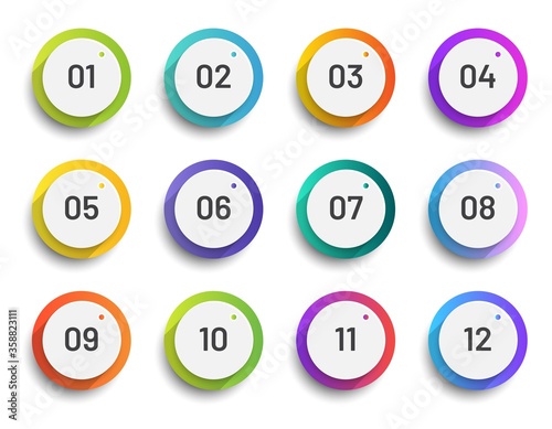 Circle 3d icon set with number bullet point from 1 to 12. Trendy gradient colors