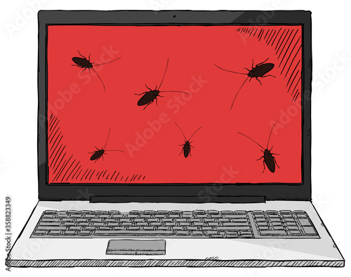 Sketch style colorful illustration of notebook infected by computer bugs 