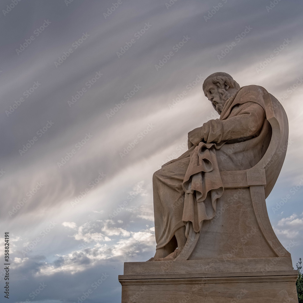 filtered image of Plato the ancient Greek thinker isolated on impressive sky, space for text