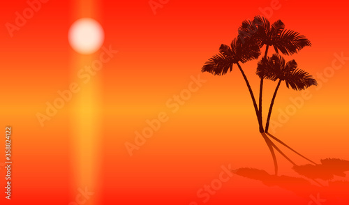 Sunset landscape with palm trees silhouettes. Vector EPS10