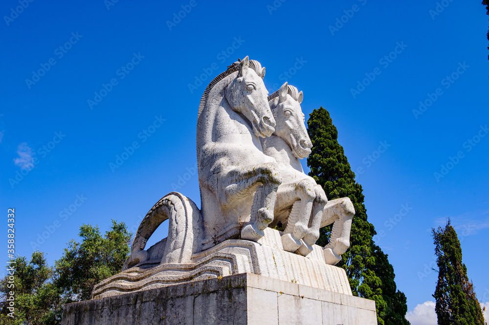 It's Horse statue near the Jeronimos Monastery or Hieronymites Monastery in Lisbon, Portugal. It a UNESCO World Heritage site It's Horse statue near the Jeronimos Monastery or Hieronymites Monastery in Lisbon, Portugal. It a UNESCO World Heritage site