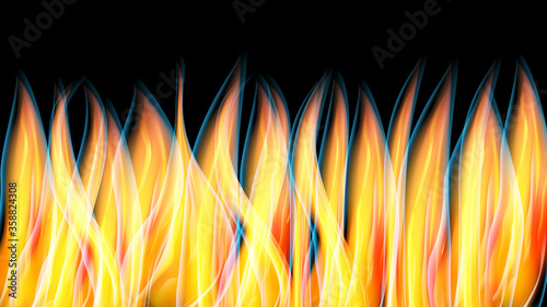 Beautiful bright motley yellow orange abstract energy magical cosmic fiery neon wall of lines and stripes, waves, flames on a black background and copy space. Vector illustration