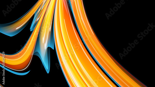 Beautiful bright motley yellow orange abstract energetic magical cosmic fiery neon texture of lines and stripes, waves, flames with twists and turns on a black background and copy space. Vector