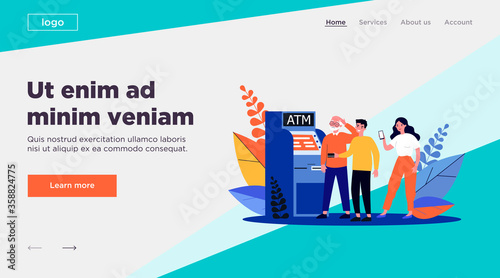 People helping senior man at ATM. Puzzled grandpa, credit card, mobile app using flat vector illustration. Old people support, banking concept for banner, website design or landing web page
