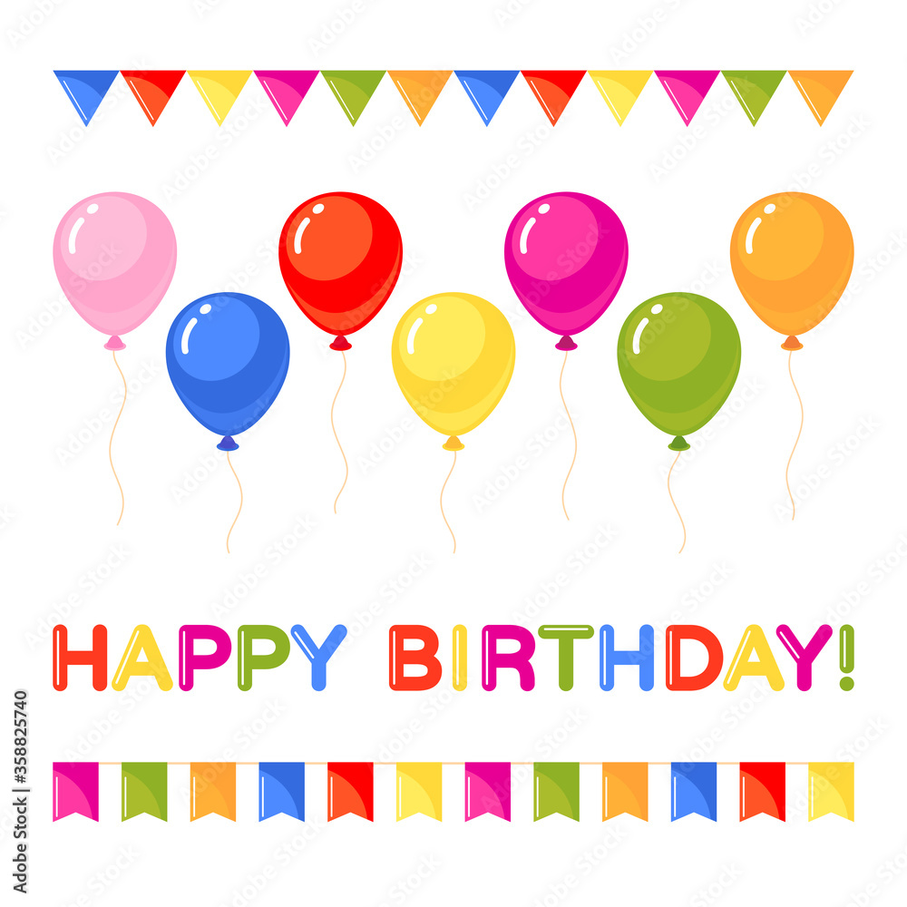 Happy birthday set with balloons, text and flags. Design elements for greeting card. Vector colorful illustration