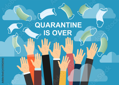 Hands throwing up medical masks, celebrating win over coronavirus covid-19. Celebrating victory over nCoV virus. Ending pandemic quarantine. Vector concept illustration.