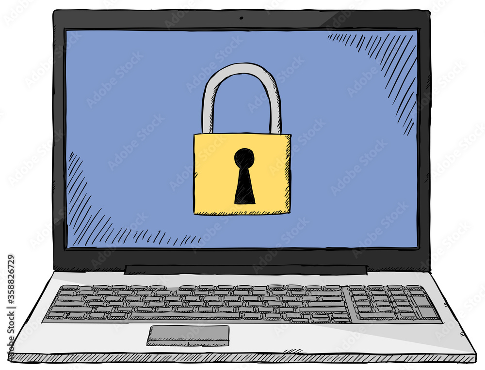 Sketch style colorful illustration of laptop with safety lock on screen
Sketch style colorful illustration of laptop with safety lock on screen