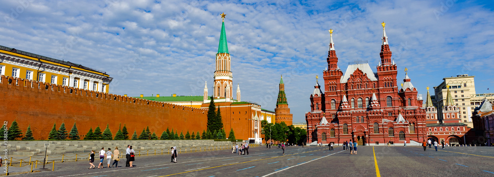 It's Panorama of the Red Square, State Historical Museum, St. Nicholas Tower and the Eastern Kremlin Wall (Moscow, Russian Federation)