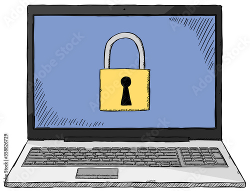 Sketch style colorful illustration of laptop with safety lock on screen	
