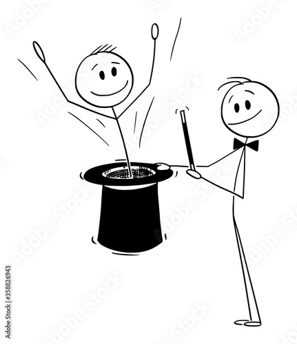 Vector cartoon stick figure drawing conceptual illustration of businessman,human resource manager or magician with black top hat doing magic with perfect candidate coming from the hat.