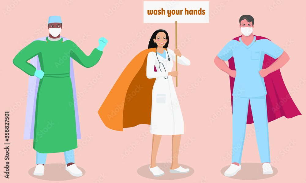 Superhero physician, surgeon and family doctor vector illustration. 3 super doctors and nurse wearing medical masks and gowns. Female and male heroes isolated.