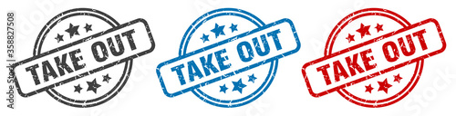 take out stamp. take out round isolated sign. take out label set