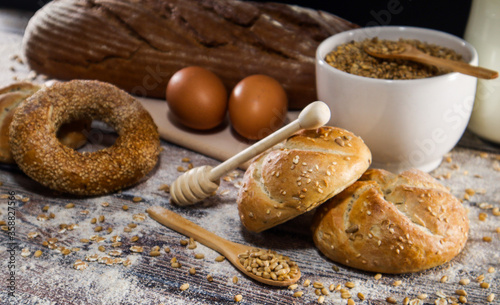 Baking healthy and organic groceries on the kitchen table 