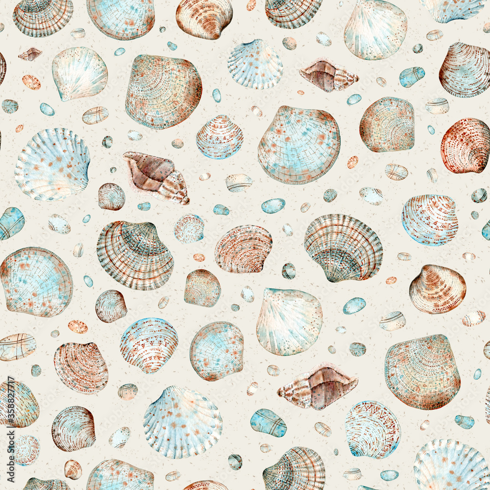 Seamless watercolor pattern with different types of seashells, pebbles ...