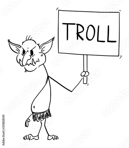 Vector cartoon stick figure drawing conceptual illustration of virtual Internet troll assaulting another online users in flame wars holding sign.