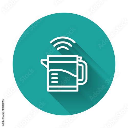 White line Smart electric kettle system icon isolated with long shadow. Teapot icon. Internet of things concept with wireless connection. Green circle button. Vector.