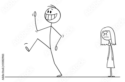 Vector cartoon stick figure drawing conceptual illustration of happy smiling man leaving sad depressed woman in background. Breaking up relationship.